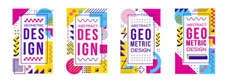 Abstract modern geometric Memphis posters and banners, vector cover templates. Memphis pattern posters with minimal line shapes and abstract geometric figures of wave lines or dots in halftoneのイラスト素材
