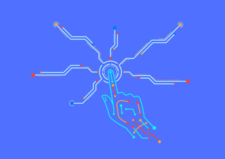 Sensor hand vector schematic image of human finger touch or push button on device screen. Hand...