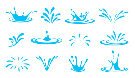 Cartoon water splash effects depict fluid dynamic splashing, droplets and ripples in motion. Isolated vector set of liquid splatters, aqua or water splashes and swirls for animation and visual effectsのイラスト素材