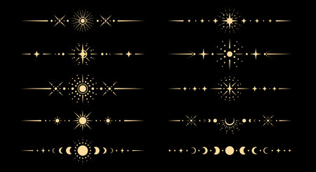 Fantasy celestial borders and dividers. Vector set of lines with mystical esoteric sun, crescent moon and star symbols in boho style. Mystic, astrology, witchcraft space spiritual celestial framesのイラスト素材