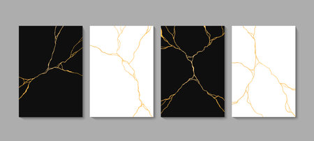 Golden Kintsugi cracks on black and white marble texture, vector ceramic tile backgrounds. Kintsugi golden cracks pattern with abstract gold foil crackles or Kintsukuroi effect on marble stonesのイラスト素材