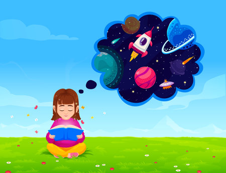Girl on meadow thinking about space and reading book of galaxy adventure, cartoon vector. Kid girl with open book dreaming of space rocket shuttle, alien UFO and asteroids in starry galaxy skyのイラスト素材
