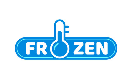 Blue frozen cold product icon, ice crystal label and badge. Isolated vector sticker for frozen food, features thermometer symbol for packages or frosty cold preservation items in blue or white colorsのイラスト素材