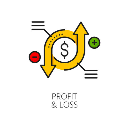 Profit and loss color line icon features rotating circular arrows symbolizing financial growth or decline, dollar sign, plus and minus balance, represent financial outcomes and performance analysisのイラスト素材