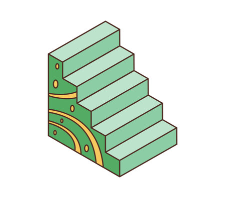 Green stairs retro groovy element or symbol. Isolated vector ladder in vintage hippie style, series of steps for vertical movement between different levels in a building, providing accessibilityのイラスト素材