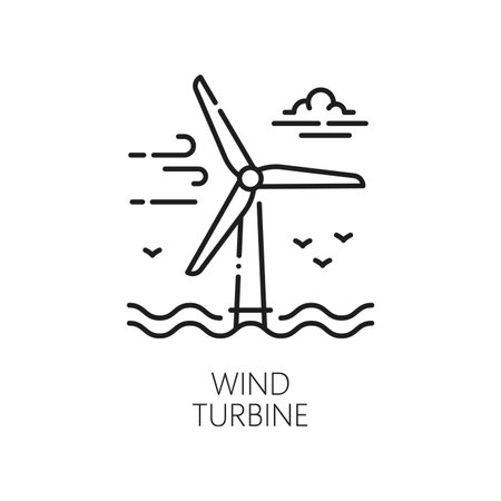 Green energy, clean and eco wind power linear icon. Alternative energy source, clean electricity production linear vector sign. Green power generation line pictogram with wind turbine on sea shelfのイラスト素材