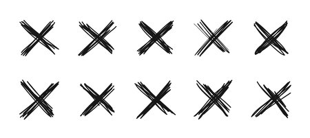 X scribble mark. Isolated vector monochrome cross symbols set. Doodle x shapes used to represent mistake, cancellation or informal annotation in sketches, notes or drawings. Black scribble crossesのイラスト素材