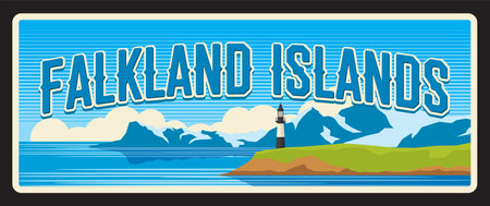 Falkland Islands British overseas territory. Vector travel plate, vintage tin sign, retro postcard design. Plaque with arhipelago in South Atlantic Ocean, Britain area, landscape with mountainsのイラスト素材