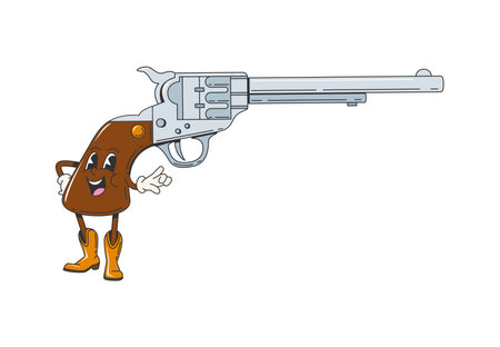 Cartoon retro groovy wild west revolver gun character. Isolated vector western cowboy six-shot pistol personage with sharp eyes and mischievous smile, ready for a duel. Vintage handgun Texas weaponのイラスト素材