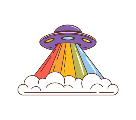 Retro groovy ufo saucer, space engine from the psychedelic era flying or hovers with smoke clouds, its purple dome and rainbow trail exuding funky, far-out vibes reminiscent of retro science fictionのイラスト素材