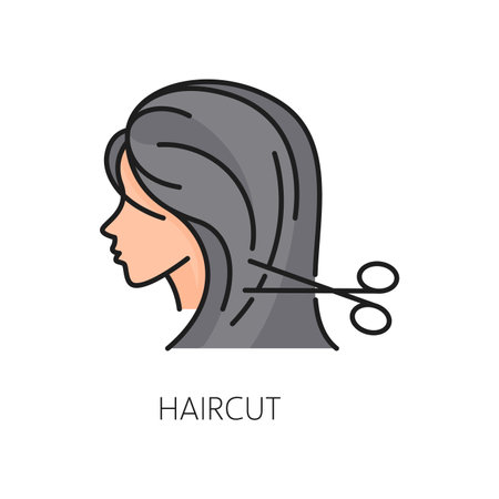 Hair care and treatment thin line color icon. Hair health treatment product outline icon, woman beauty styling and haircare cosmetology cosmetics line vector pictogram or symbol with haircut scissorsのイラスト素材