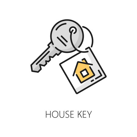 House insurance, real estate mortgage, apartment rent linear color icon. Real estate property, house rent market line symbol, apartment loan company or sale service linear vector sign or icon with keyのイラスト素材