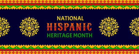 Mayan Aztec sun totem on national Hispanic heritage month banner, vector background. Hispanic Americans and Latin culture festival of tradition and art of Maya and Aztec heritage with ethnic ornamentのイラスト素材