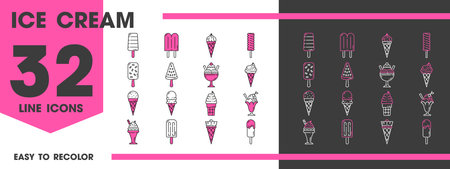 Ice cream line icons isolated vector set. Linear signs of icecream wafer cones, scoops, sundaes, and popsicles. Variety of sweet summer dessert, minimalistic stroke symbols in pink, black and whiteのイラスト素材