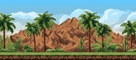 8 bit pixel forest landscape with mountains, palm trees and cactus, vector background for game level. 8bit pixel art landscape of Amazon forest with ferns and palms of Africa mountains or Madagascarのイラスト素材
