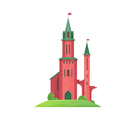 Cartoon castle, kingdom palace building. Isolated vector whimsical fairy tale fortress with tall red towers topped by green conical roofs. Medieval or fairytale architecture on a gentle green hillのイラスト素材