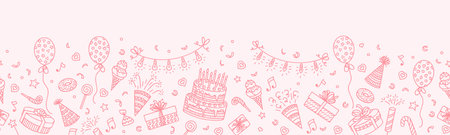 Pink birthday party line background. Vector seamless pattern with outline festive items. Happy birthday decoration, gift boxes, cake with candles, fireworks, confetti, hats, desserts or light garlandsのイラスト素材