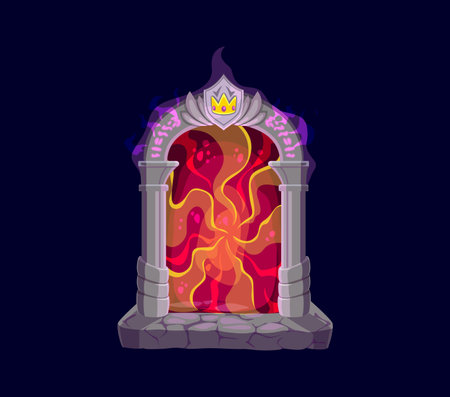 Fantasy fairytale game magic portal door. Isolated cartoon vector mystical ancient tunnel with arched stone doorway, crown sign and fiery energies, beckoning adventurers to traverse fantastical worldsのイラスト素材
