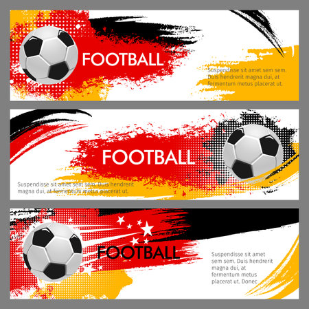 2024 euro soccer cup grunge banners. Vector halftone football sports event promotion and advertisement backgrounds with 3d soccer balls, scratchy strokes and colorful splashes in red, yellow and blackのイラスト素材