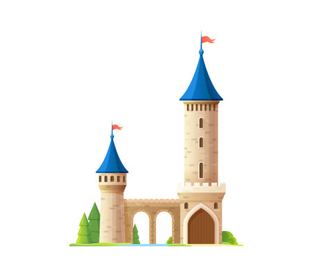 Cartoon castle, kingdom palace. Isolated vector medieval building. Magic princess castle with towering turrets and flags, crenellated walls, arches, bridge and drawbridge gate and greenery aroundのイラスト素材