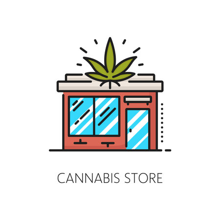 Medical cannabis store color thin line icon. Natural weed plant linear pictogram, medicine CBD product or medical cannabis shop thin line vector icon or symbol with store building and marijuana leafのイラスト素材