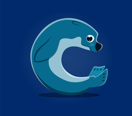 Sea animal or underwater font, letter C as cartoon seal character, vector ABC type. Sea animal font or underwater ocean life alphabet, letter C as funny seal for kids undersea typographyのイラスト素材