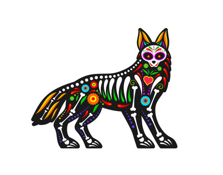 Mexican day of the dead animal sugar skull tattoo. Isolated vector vibrant wild animal figure intricately adorned with colorful patterns and traditional motifs, celebrating life and remembranceのイラスト素材