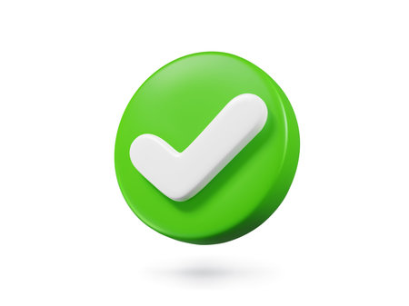 3d check icon, checklist tick, done mark. Vector realistic plastic style checkmark, symbol of selection, confirmation or approval. Green circle with a white tick. Yes button for web design or appのイラスト素材
