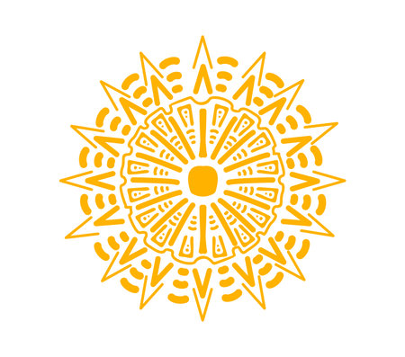 Sun Mayan Aztec totem. Isolated vector yellow ornate circle represents power, life or divinity, embodying solar energy, significance in ancient Mesoamerican culture, religious and cosmological beliefsのイラスト素材
