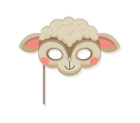 Sheep animal carnival party mask, vector costume of kids festival, birthday or Halloween holiday. Cartoon cute face of fluffy white sheep, farm animal mask on stick. Costume party photo booth propのイラスト素材