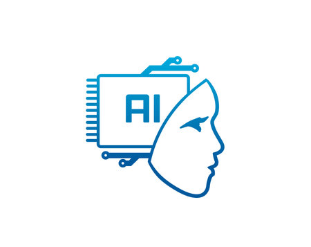 Artificial Intelligence icon, machine learning symbol of AI head with brain chipset, vector emblem. Artificial Intelligence and digital mind technology icon of AI head with computer chip of innovationのイラスト素材
