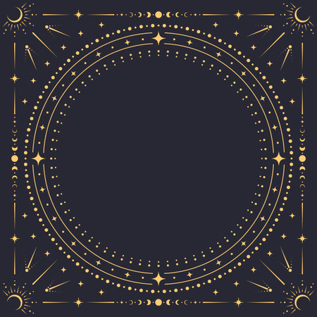 Square celestial frame. Vector ornate background with concentric golden circle border adorned with stars, moons, suns and dotted boho patterns. Ethereal, cosmic, astrology and esoteric space frameのイラスト素材