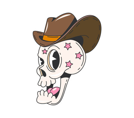 Cartoon retro groovy Wild West cowboy skull character, vector funky face. Groovy funny skeleton skull in cowboy hat with pink stars, 70s hippie comic character of Western Texas or Arizona art symbolのイラスト素材