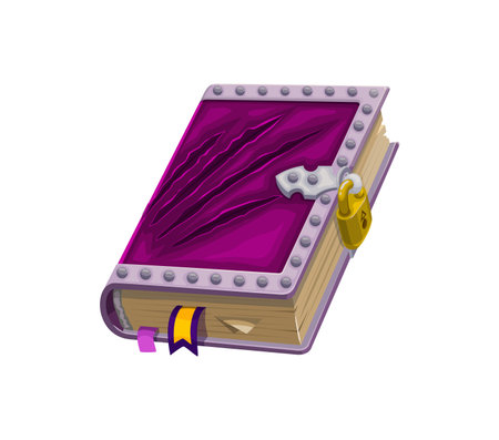 Game book, isolated cartoon vector ornate, mystical grimoire with a vibrant purple cover with talon rips, secured with a silver lock and detailed with metallic studs, book with secrets or magic spellsのイラスト素材
