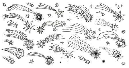 Doodle shooting stars, space comets and meteors with trails, vector cartoon icons. Shooting stars or fireworks sparks in doodle line, galaxy meteorites or falling asteroids with tails for kids designのイラスト素材
