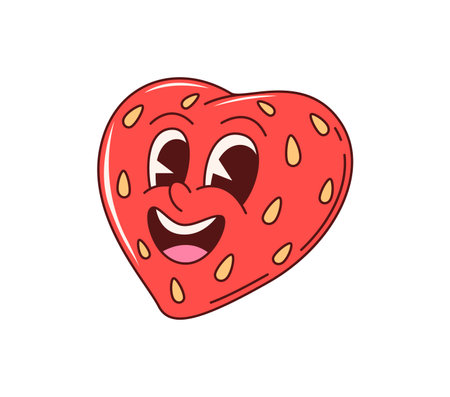 Retro y2k groovy love heart cartoon character. Isolated vector joyful emoji face with vivid red color and pattern of strawberry seed-like spots. Heart with big, friendly smile and playful loving vibeのイラスト素材
