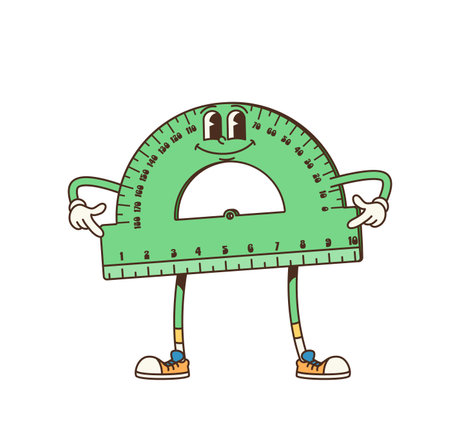 Retro groovy protractor ruler character. Isolated cartoon vector nostalgic, old school classroom tool personage with smiling face. Educational measuring item for learning geometry or math classesのイラスト素材