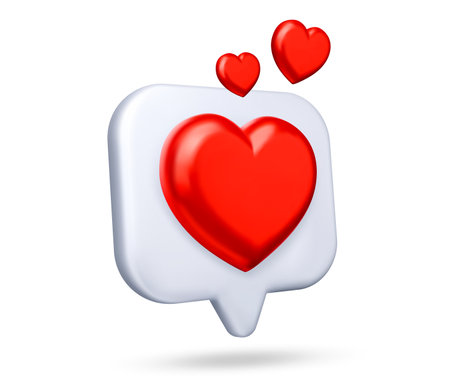 3d heart like icon. Isolated vector rendered speech bubble with red hearts emerging, symbolizing love, approval, appreciation and positive reactions in digital communication and social media platformsのイラスト素材