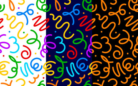 Kids holiday squiggle line pattern. Vector vibrant, playful and colorful squiggly doodle curves across a three-panel background of white, blue and black. Party themed print, creative confetti ornamentのイラスト素材