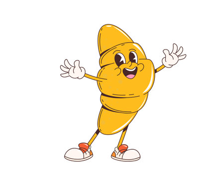 Groovy retro cartoon croissant character with funky comic face, vector 70s hippie art. Groovy cartoon funny croissant or bakery sweet bun with happy smile on face and hugs for positive vibe emojiのイラスト素材