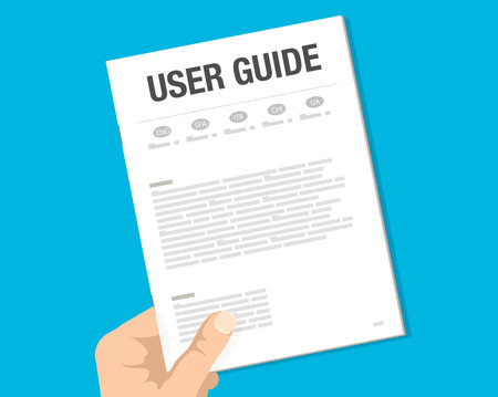User guide, guidebook. Vector hand holding a paper with multilingual tabs top view. Manual document for clients support with English, Spanish, Italian, Chinese, Ukrainian multi-language instructionsのイラスト素材