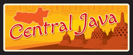 Central Java Indonesian province. Vector travel plate, vintage tin sign, retro welcoming postcard...