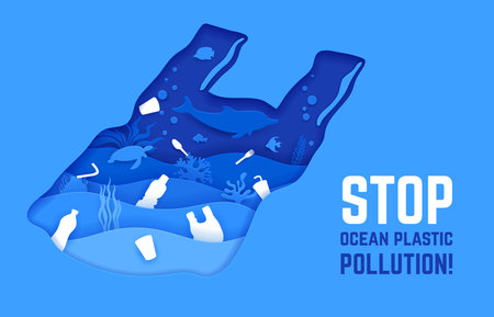 Polluted water, plastic waste on the sea bottom. Stop ocean plastic pollution ecological poster in paper cut style. 3d Vector frame in shape of used bag with marine life and trash floating withinのイラスト素材