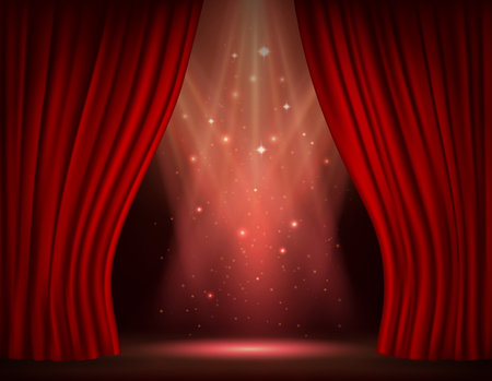Show stage with red curtains. Realistic 3d vector background with elegant theatrical scarlet drapery with a glowing and mystical beams of light and floating stars, scene for grand performance or eventのイラスト素材