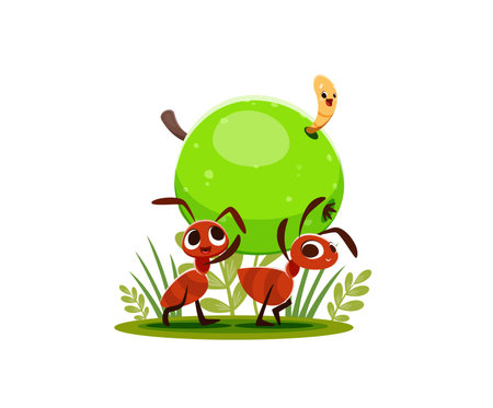 Cartoon ants carry a green apple with a cute smiling worm peeking out. Vector scene with funny insect characters on a grassy patch with small plants, showcasing teamwork and a cheerful nature themeのイラスト素材