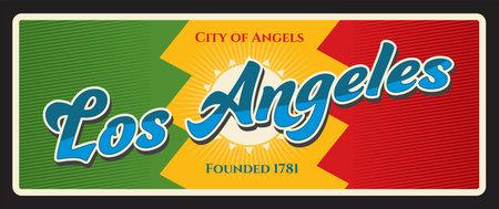Los Angeles US city retro travel plate, plaque american tourist destination. US banner, United States of America journey vector tin sign with city flag, coat of arms symbol. City of angels tin signのイラスト素材