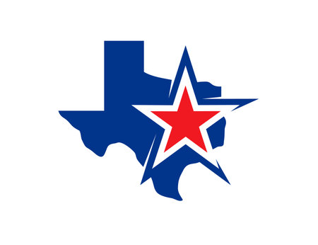 Texas state symbol, map icon, lone star with territory border in red and blue colors. Isolated vector emblem symbolizing unity, rich history, cultural identity and independent spirit of USA stateのイラスト素材