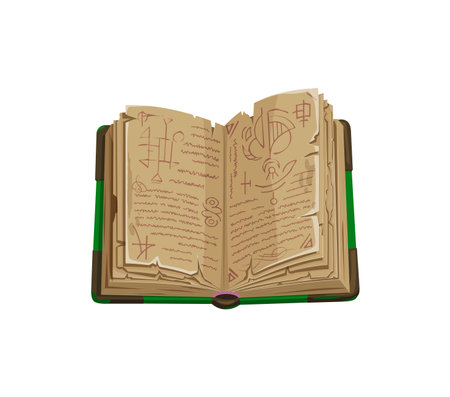 Game book, isolated cartoon vector ancient, magical book open to reveal pages filled with mysterious symbols and runes. Grimoire with worn, tattered sheets contain wiz arcane knowledge and enchantmentのイラスト素材