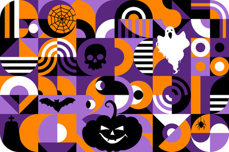 Halloween abstract geometric pattern background. Vector modern ornament features bold simple shapes and vibrant colors, merging spooky elements such as skull, pumpkin, ghost and bat, cross or spiderのイラスト素材