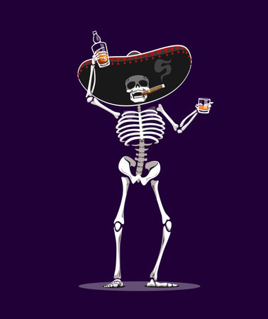 Halloween skeleton in sombrero drinking whiskey. Mexican Day of the Dead holiday funny personage, Halloween creepy character, spooky skeleton weaning wide sombrero, smoking cigar, drinking alcoholのイラスト素材